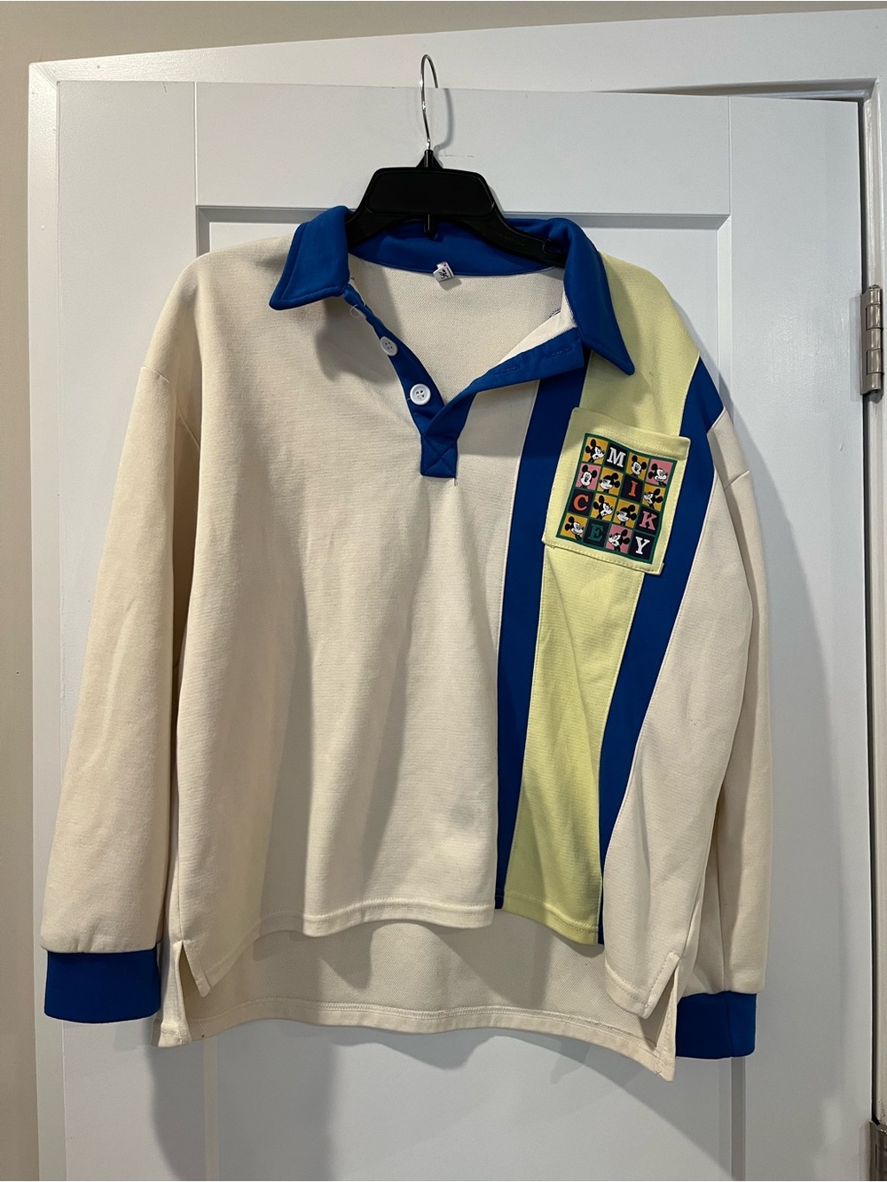 Disney Mickey Mouse Rugby-Style Long Sleeve Sweater with Blue Collar and Accents